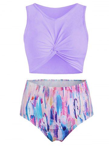 Scoop Neck Feather Print Padded Tankini Swimsuit - PURPLE MIMOSA - M