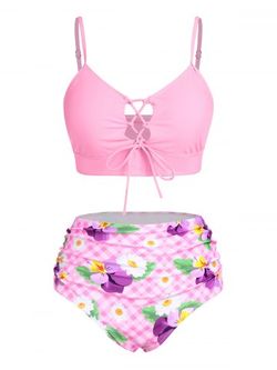 Plus Size Plaid Flower Lace Up Ruched Longline Bikini Swimsuit - LIGHT PINK - L