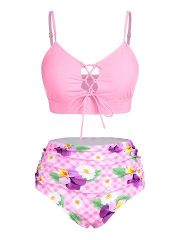 Plus Size Plaid Flower Lace Up Ruched Longline Bikini Swimsuit