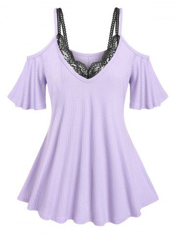 Plus Size & Curve Ribbed Open Shoulder T-shirt and Lace Bralette Top Set - LIGHT PURPLE - 1X