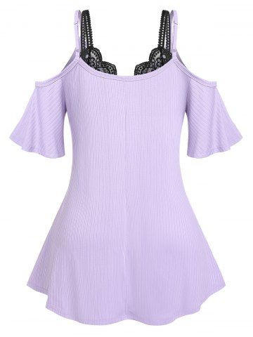Plus Size & Curve Ribbed Open Shoulder T-shirt and Lace Bralette Top Set