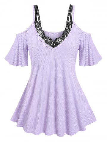 Plus Size & Curve Ribbed Open Shoulder T-shirt and Lace Bralette Top Set - LIGHT PURPLE - 5X
