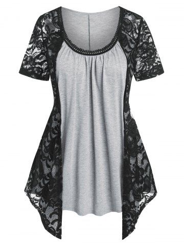 Plus Size & Curve Lace Panel See Thru Draped Two Tone Tee