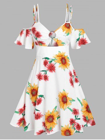 Cold Shoulders Sunflower Print O Ring Dress - WHITE - M