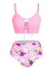 Plus Size Plaid Flower Lace Up Ruched Longline Bikini Swimsuit -  