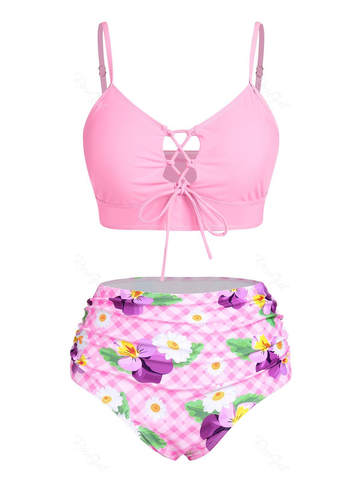 Best Plus Size Plaid Flower Lace Up Ruched Longline Bikini Swimsuit  