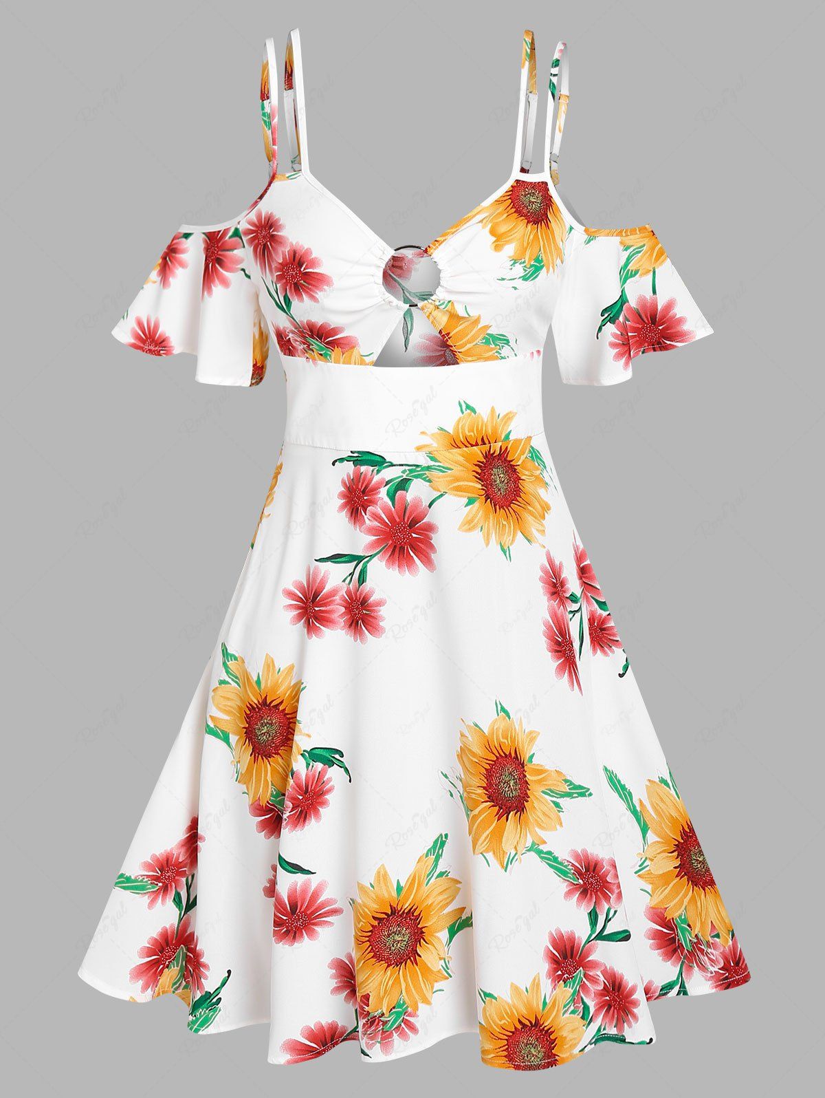 Robe Anneau en O à Imprimé Tournesol à Epaule Dénudée Blanc XXL