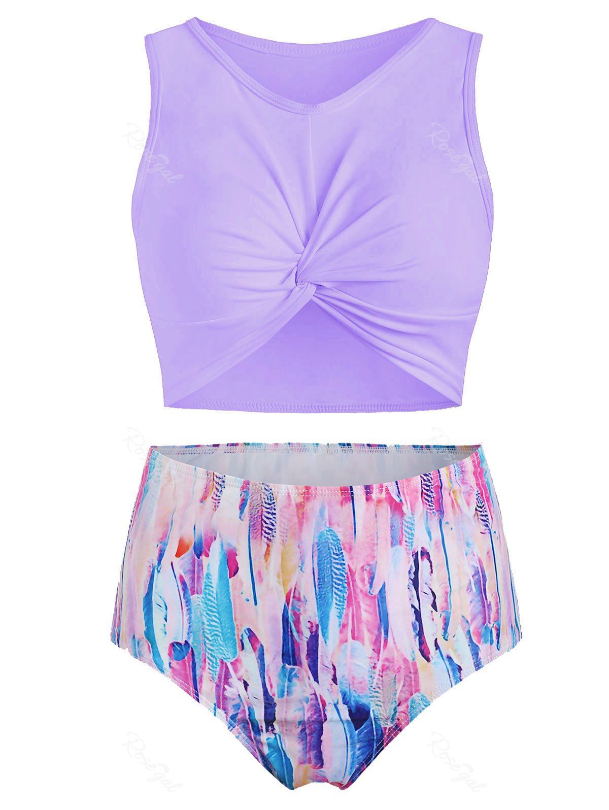 Unique Scoop Neck Feather Print Padded Tankini Swimsuit  