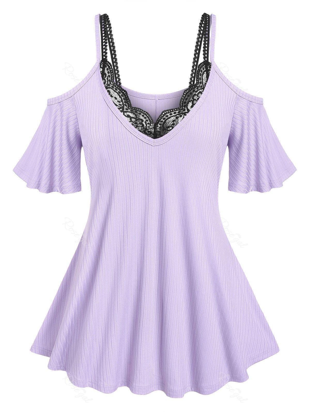 Sale Plus Size & Curve Ribbed Open Shoulder T-shirt and Lace Bralette Top Set  