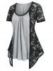 T-shirt Drapé Bicolore Panneau en Dentelle Transparente de Grande Taille - Gris Clair L | US 12