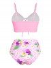 Plus Size Plaid Flower Lace Up Ruched Longline Bikini Swimsuit -  