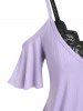 Plus Size & Curve Ribbed Open Shoulder T-shirt and Lace Bralette Top Set -  