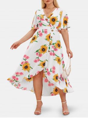 Plus Size & Curve Sunflower Print Plunge High Low Cottagecore Dress
