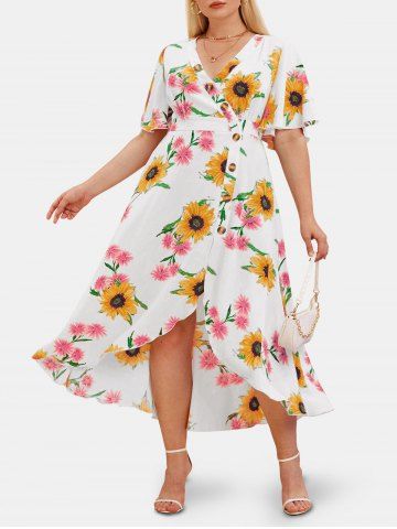 Plus Size & Curve Sunflower Print Plunge High Low Cottagecore Dress - WHITE - 2X