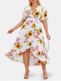 Plus Size & Curve Sunflower Print Plunge High Low Cottagecore Dress - WHITE - 1X