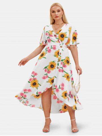 Plus Size & Curve Sunflower Print Plunge High Low Cottagecore Dress