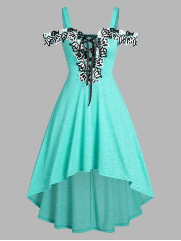 Cold Shoulders Lace Up High Low Dress - LIGHT BLUE - L