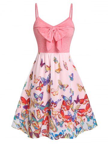 Front Bowknot Butterfly Print Cami Dress - LIGHT PINK - M