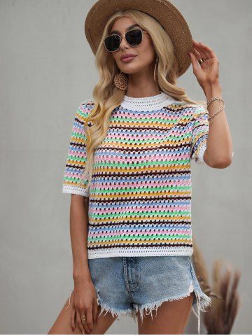 Crochet Openwork Colorful Striped T Shirt - MULTI - S