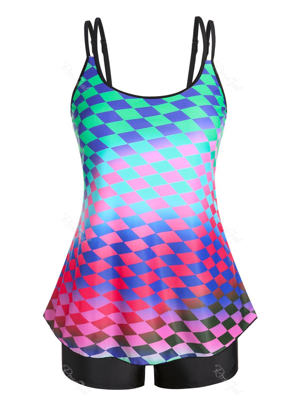 Unique Plus Size Argyle Ombre Color Modest Tankini Swimwear  