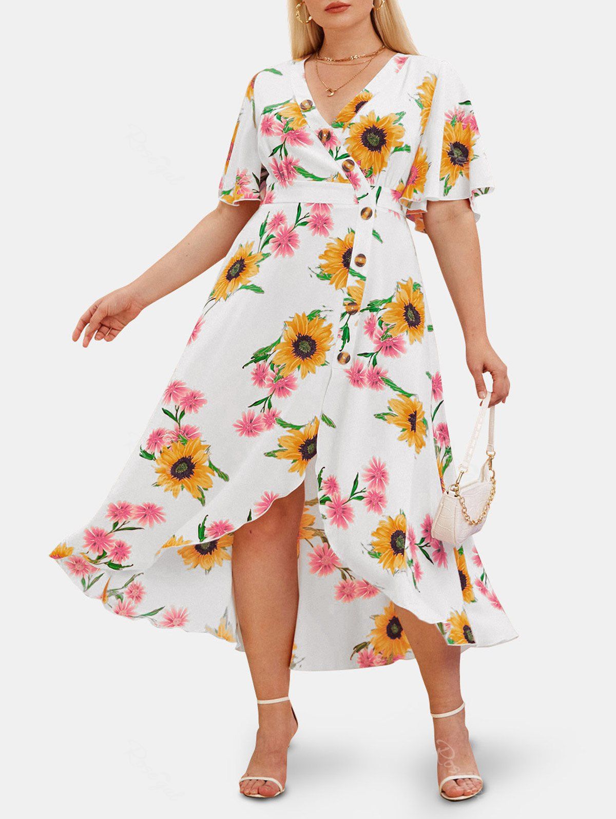 Latest Plus Size & Curve Sunflower Print Plunge High Low Cottagecore Dress  