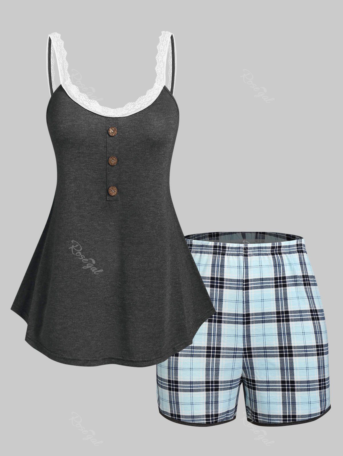 Outfit Plus Size & Curve Lace Trim Top and Plaid Pajama Shorts Set  