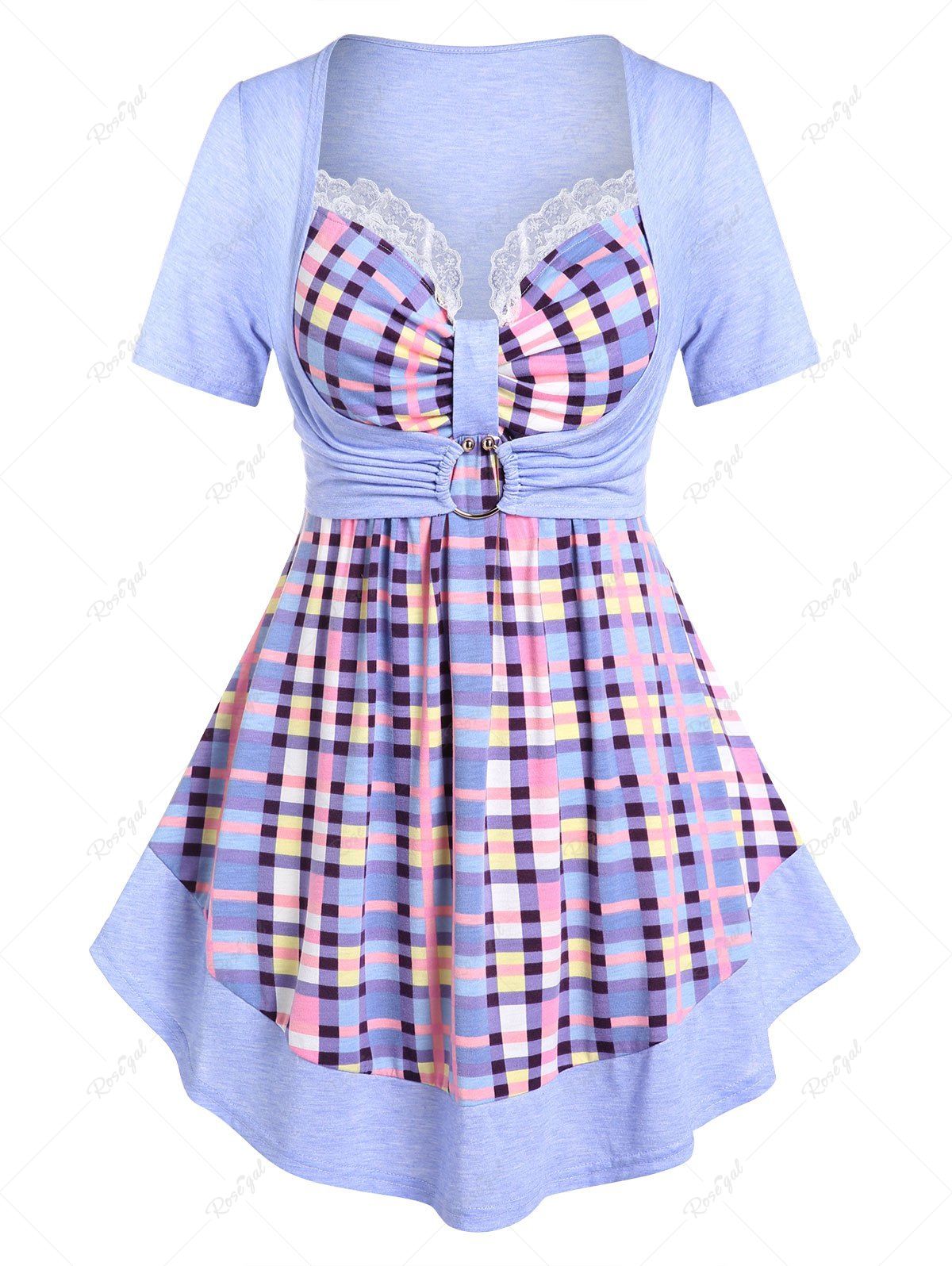 T-shirt Anneau en O à Carreaux Fausse Deux Pièces de Grande Taille Violet clair 4X | US 26-28