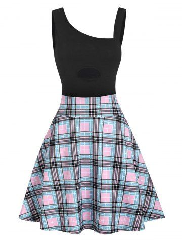 Skew Neck Plaid Plaid Keyhole Dress - BLACK - L