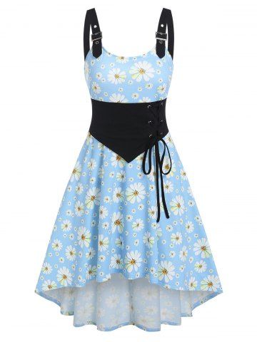 Daisy Print Lace Up Corset High Low Dress - LIGHT BLUE - M