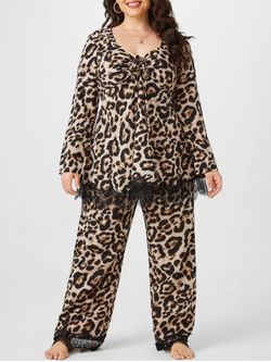 Plus Size Leopard Lace Insert Cinched Pants Set - COFFEE - 4X