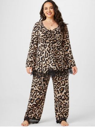 Plus Size Leopard Lace Insert Cinched Pants Set