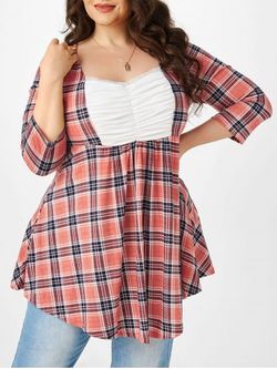 Plus Size Plaid Ruched Bust Curved Hem Tunic Tee - PINK - 3X