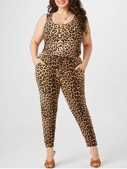 Plus Size Sleeveless Drawstring Leopard Print Jumpsuit - COFFEE - 1X