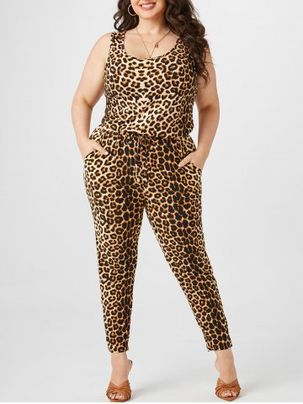 Plus Size Sleeveless Drawstring Leopard Print Jumpsuit