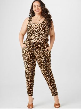 Plus Size Sleeveless Drawstring Leopard Print Jumpsuit