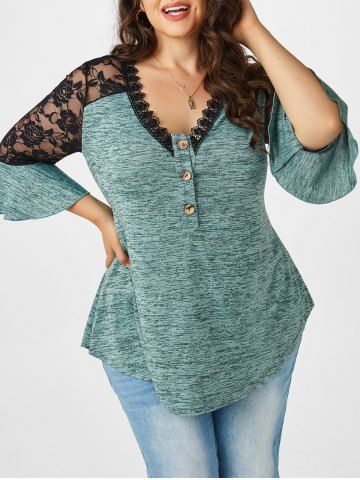 Plus Size Space Dye Sheer Lace Flare Sleeve Tunic Top - LIGHT GREEN - 4X