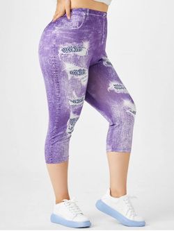 Plus Size 3D Jean Print High Waisted Cropped Jeggings - PURPLE - 5X