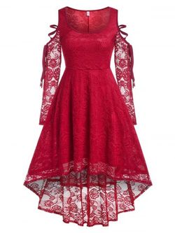 Plus Size Lace Up Cold Shoulder High Low Lace Dress - RED - 1X