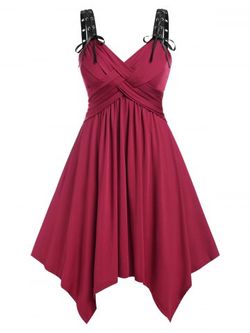 Plus Size Lace Up Handkerchief Cross Sleeveless Dress - DEEP RED - L