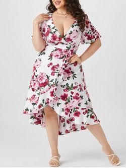 Plus Size Floral Print Ruffle High Low Dress - MULTI - 4X