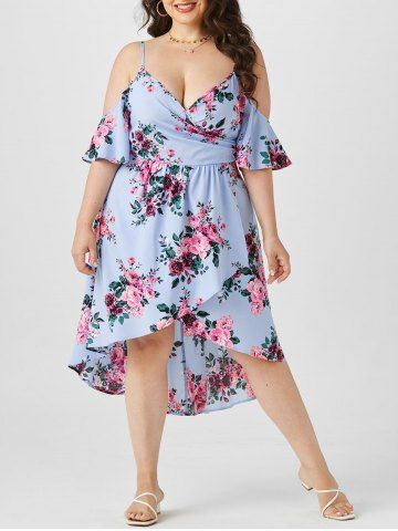 Plus Size & Curve Floral Print Cold Shoulder High Low Midi Dress - LIGHT BLUE - 4X