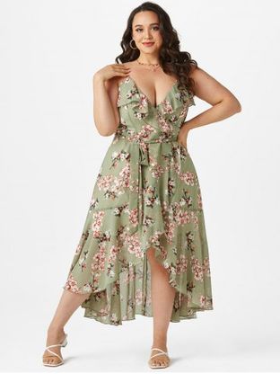 Plus Size Floral Flounce High Low Belted Cami Dress