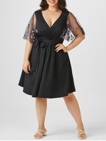 Plus Size & Curve Tulle Sheer Embroidered Sleeve Surplice Belted Dress - BLACK - L