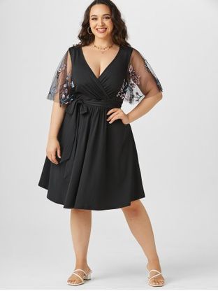 Plus Size & Curve Tulle Sheer Embroidered Sleeve Surplice Belted Dress