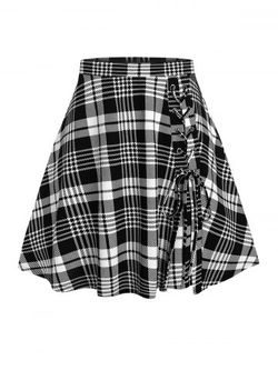 Plus Size & Curve Lace Up Plaid Mini Skirt - BLACK - 3X