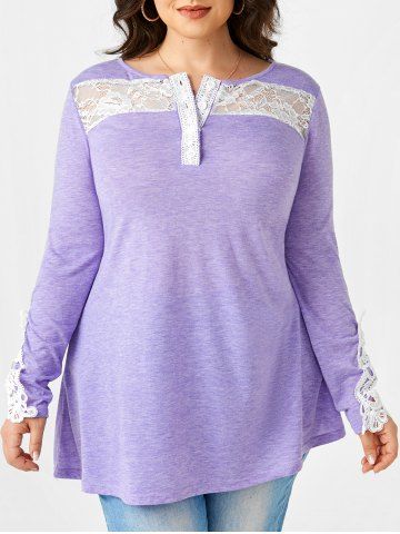 Plus Size Half Button Lace Panel Henley T-shirt - LIGHT PURPLE - L