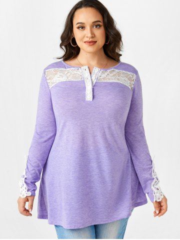 Plus Size Half Button Lace Panel Henley T-shirt