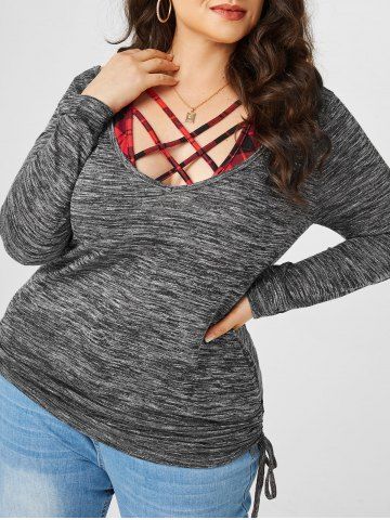 Plus Size Heathered Cinched T-shirt and Crisscross Plaid Crop Top - GRAY - 3X