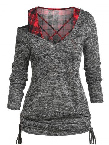 Plus Size Heathered Cinched T-shirt and Crisscross Plaid Crop Top