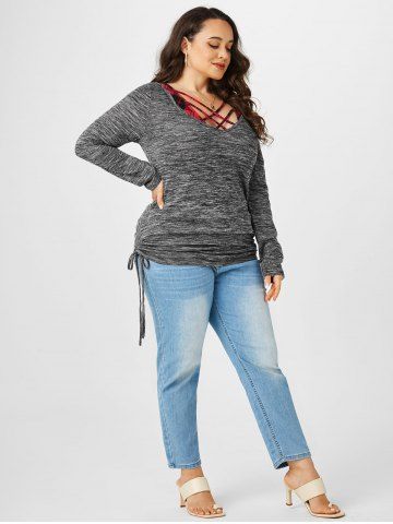 Plus Size Heathered Cinched T-shirt and Crisscross Plaid Crop Top